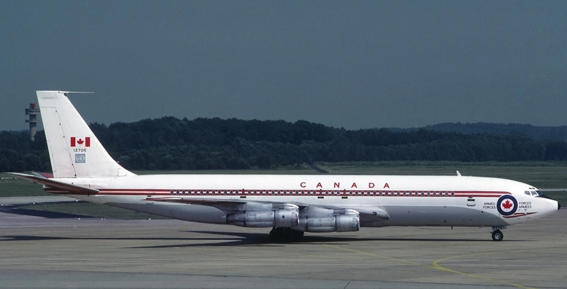 Canadian Armed Forces Boeing 707 (CC-137) at Cologne Bonn Airport (Flughafen Köln/Bonn) in West Germany.